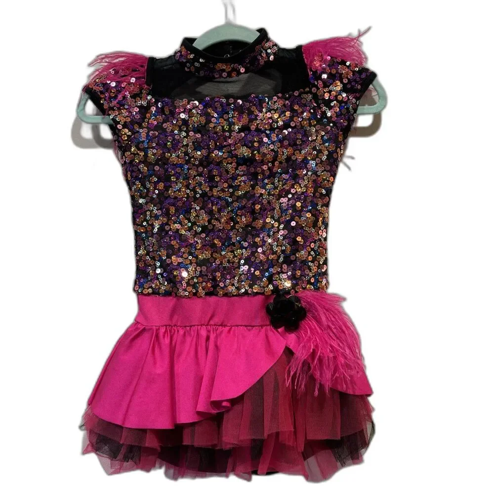 Weissman Sequin Dance Costume Feather Trim Tutu Built-In Shorts Girls sz Medium